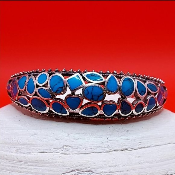 Natural Stabilized Blue Turquoise 7x5 mm & Marcasite 925 Sterling Silver Bangle - Picture 1 of 10